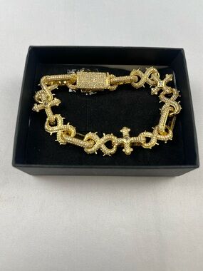 8” Gold Tone Iced Out Cuban Link Bracelet Cross CZ Stones Hip Hop NEW
